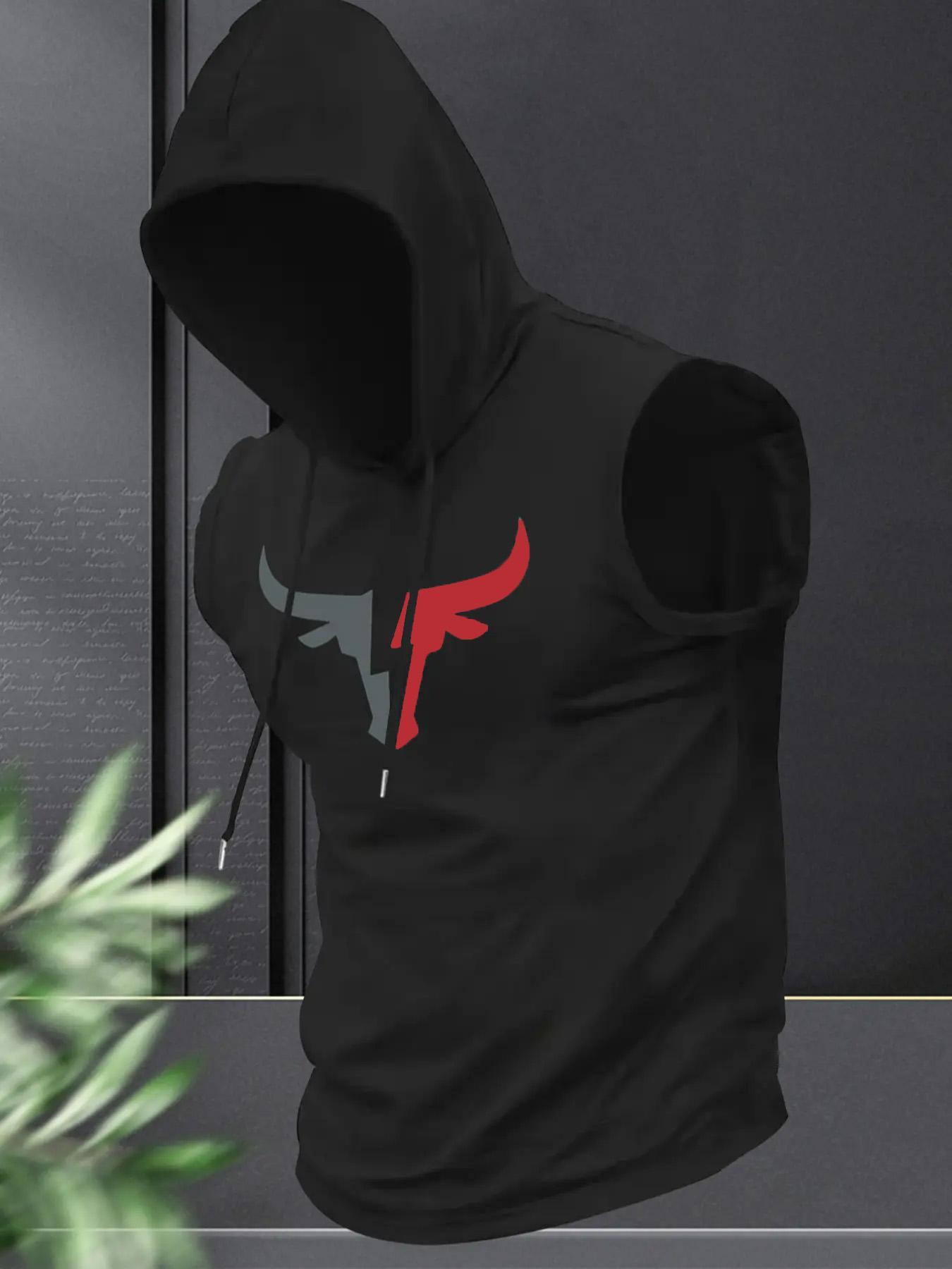 Men's Regular Fit Cartoon Bull Head Print Hooded Tank Top, Casual Fashion Sleeveless Top for Summer, Men's Clothes for Daily Wear, Sweatshirts