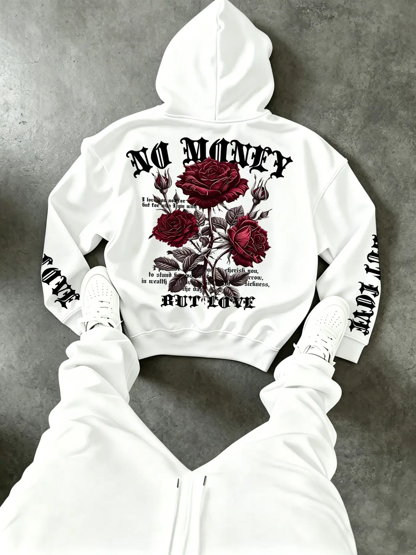 High Street Trendy Men's Hoodie, Drop Shoulder Design, Rose Flower Love Quote Print, Casual Fall Winter Streetwear Essential