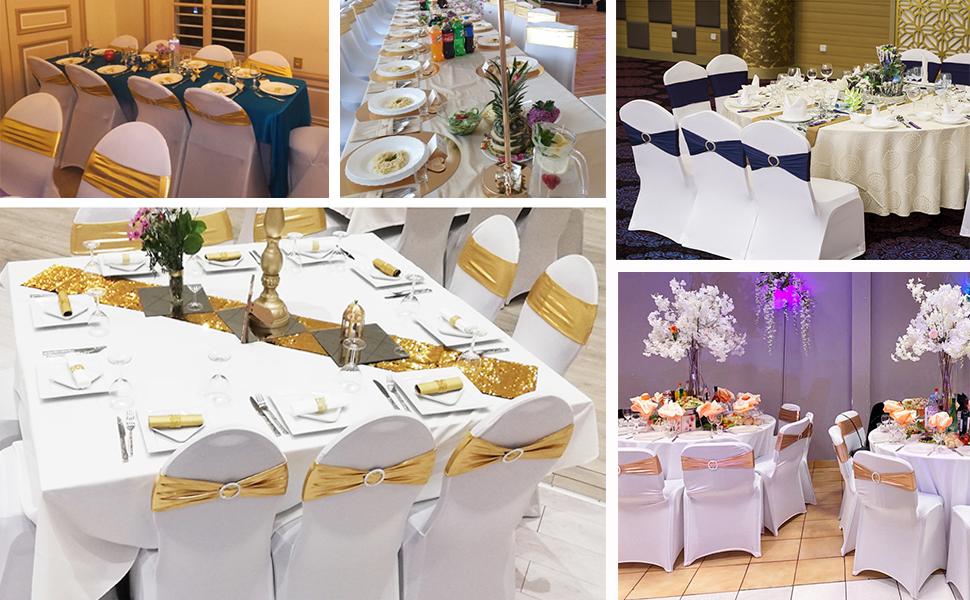 Wedding White Chair Sashes 100 Pack Spandex Chair Bands with Buckles Slider Chairs Bows for Birthday Bridal Shower Engagement Anniversary Christmas Event Decorations