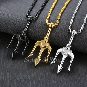 Neptune's Trident Pendant Necklace - Retro Mythical Sea King Poseidon Harpoon Design, Men's Fashion Trend Jewelry, Ocean-Inspired, Chain, Solid Titanium, Ocean-Inspired Necklaces, Chain Jewelry Necklaces