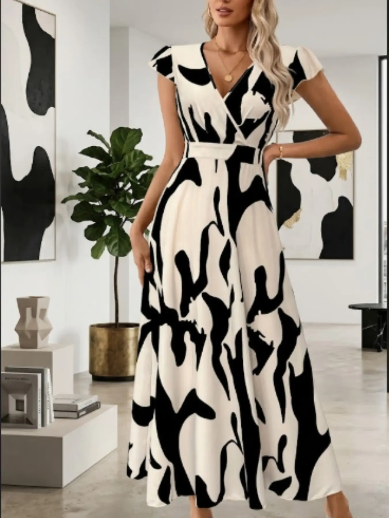 Summer Long Dress with Floral Print, Elegant Waist-Cinch Design, Stylish Chic Midi Dress for Women, Perfect for Casual Wear