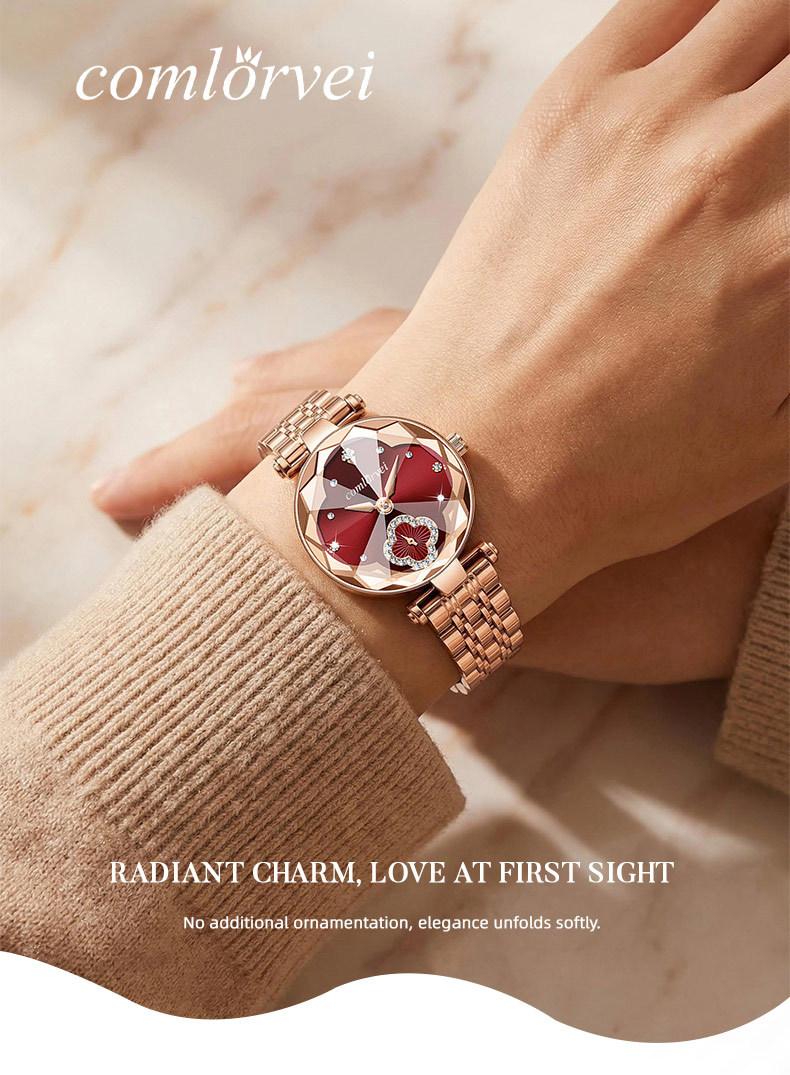 Women's Luxury Rose Gold Quartz Watch - Red Clover Dial with Crystal Accents, Diamond Flower Detail, Stainless Steel Band, Elegant Dress Wristwatch, Perfect Gift for Her