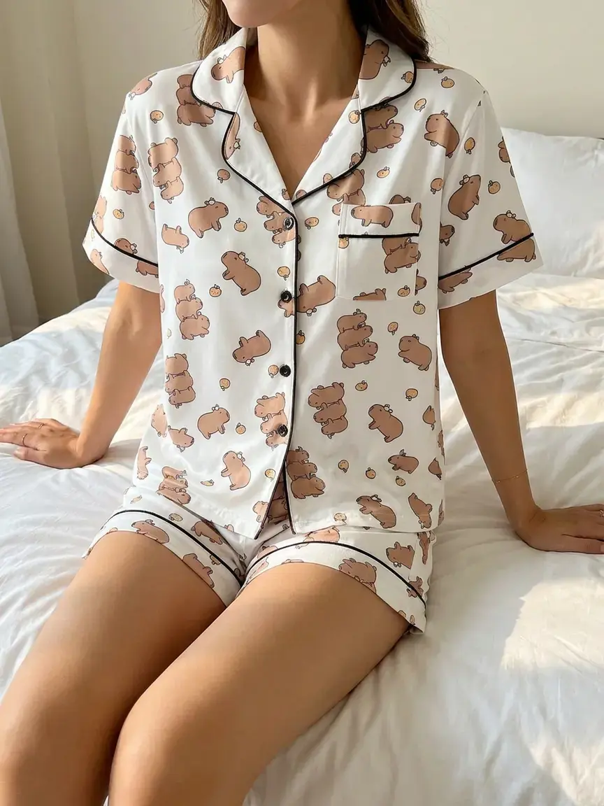 Funny Animal Lover Capybara Cartoon Milk Silk Pajama Set, Turn-Down Neck Button Short Sleeve Contrast Trim Pajamas, Funny Attraction Style Loungewear and Homewear Nightwear Pjs