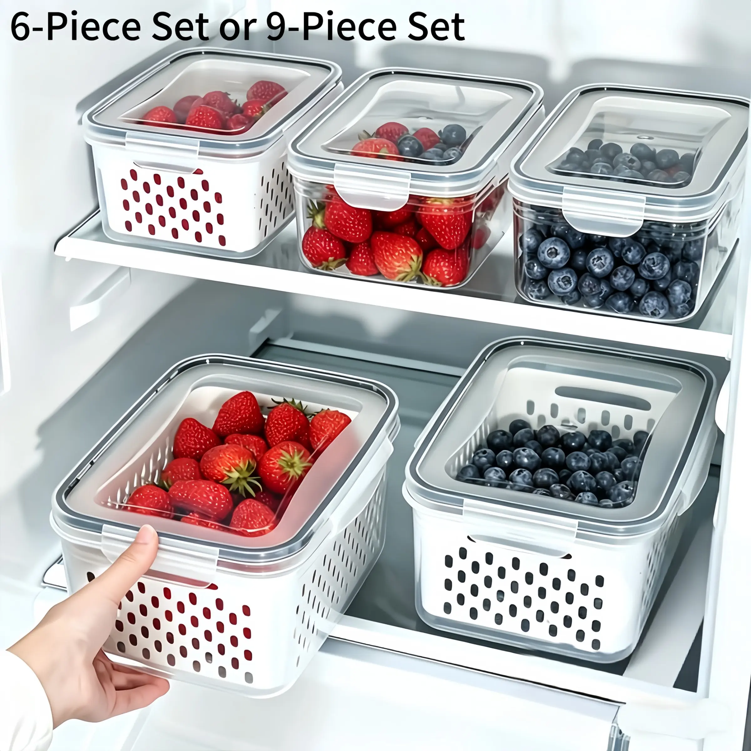 6/9 Piece Refrigerator Storage Set, Fruit Vegetable Containers, Leak Proof, Reusable, Food Grade Plastic, Food Safe Plastic, Kitchen Organizer