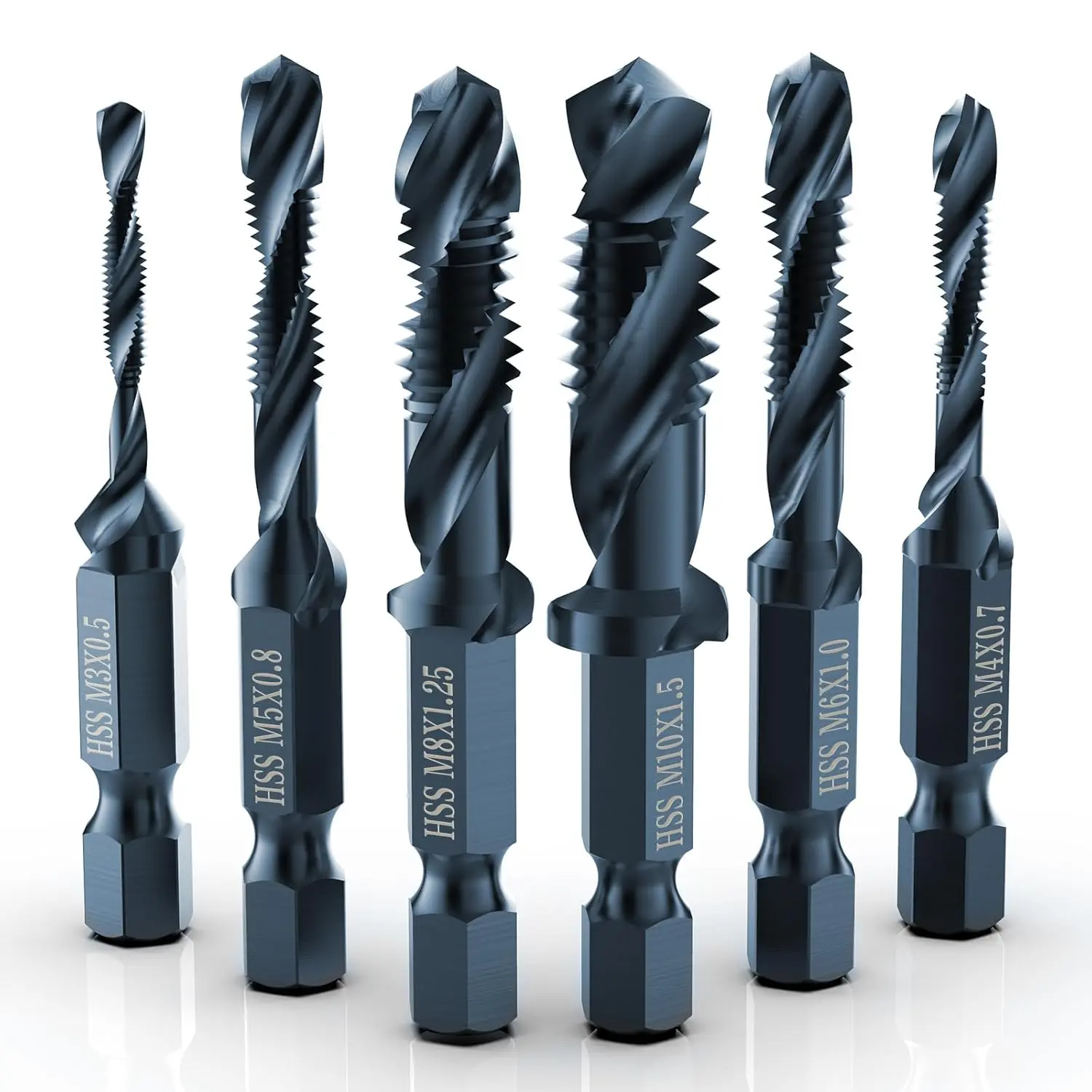 Combination Drill Tap & Tap Bit Set, 6 Pack 3-in-1 Anti-Rust Black Titanium Coated Screw Tapping Bit Tool in Metric Size M3 M4 M5 M6 M8 M10, 1/4" Hex Shank and Storage Case