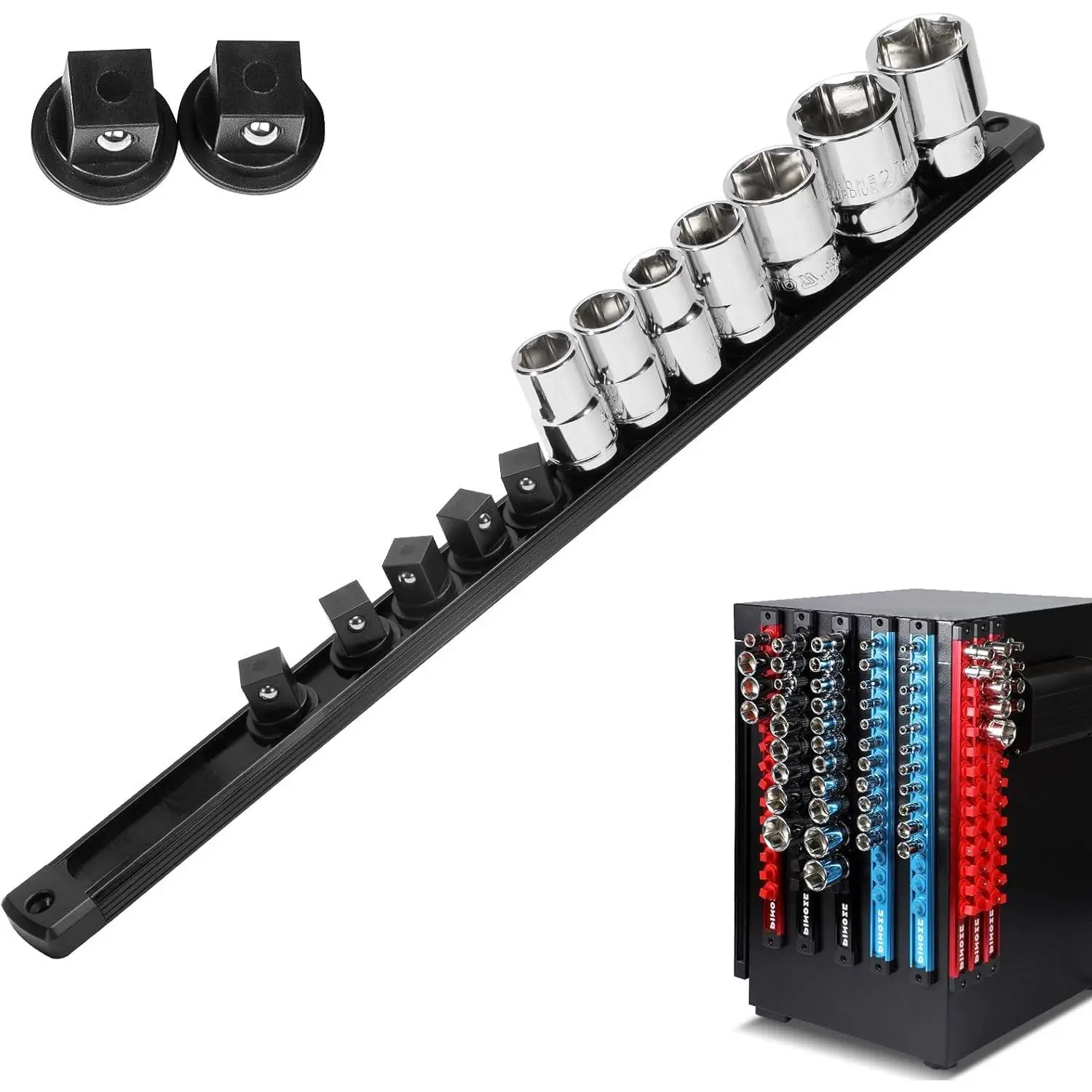1/2"  Socket Holder Organizer -  Alloy Socket Rail Tray for Tool Box Drawer, Socket Rack with Extra 2 count  Clips for Automotive Garage(Black)
