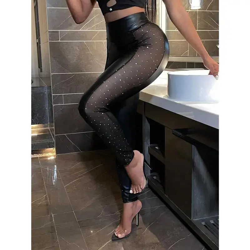 Women's Sequin Mesh Contrast Elasticity Faux Leather Skinny Pants With Ankle Hem Fit Womenswear Black Casual Bottom Leggings Fabric Sheer Basic Minimalist High Waisted Stretchy Workout Yoga Spandex