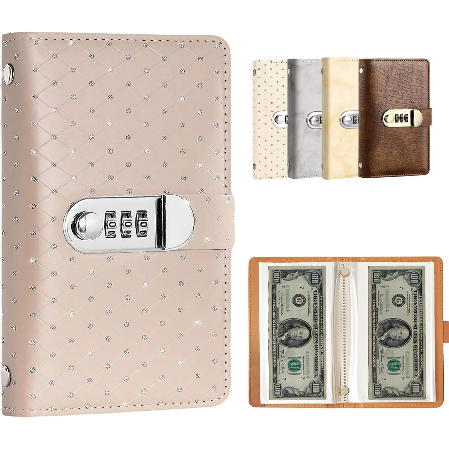 A6 Lockable PU Leather Savings Binder - 100-Pockets Book-Format Cash Storage Album with Password Lock, Home Organizer for Money & Important Items, Ideal Gifts for Women & Christmas Presents