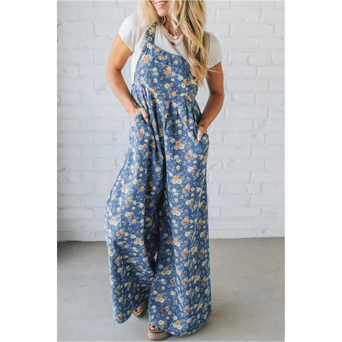 Blue Vintage Rose Printed Pleated Loose Denim Overall Jumpsuit