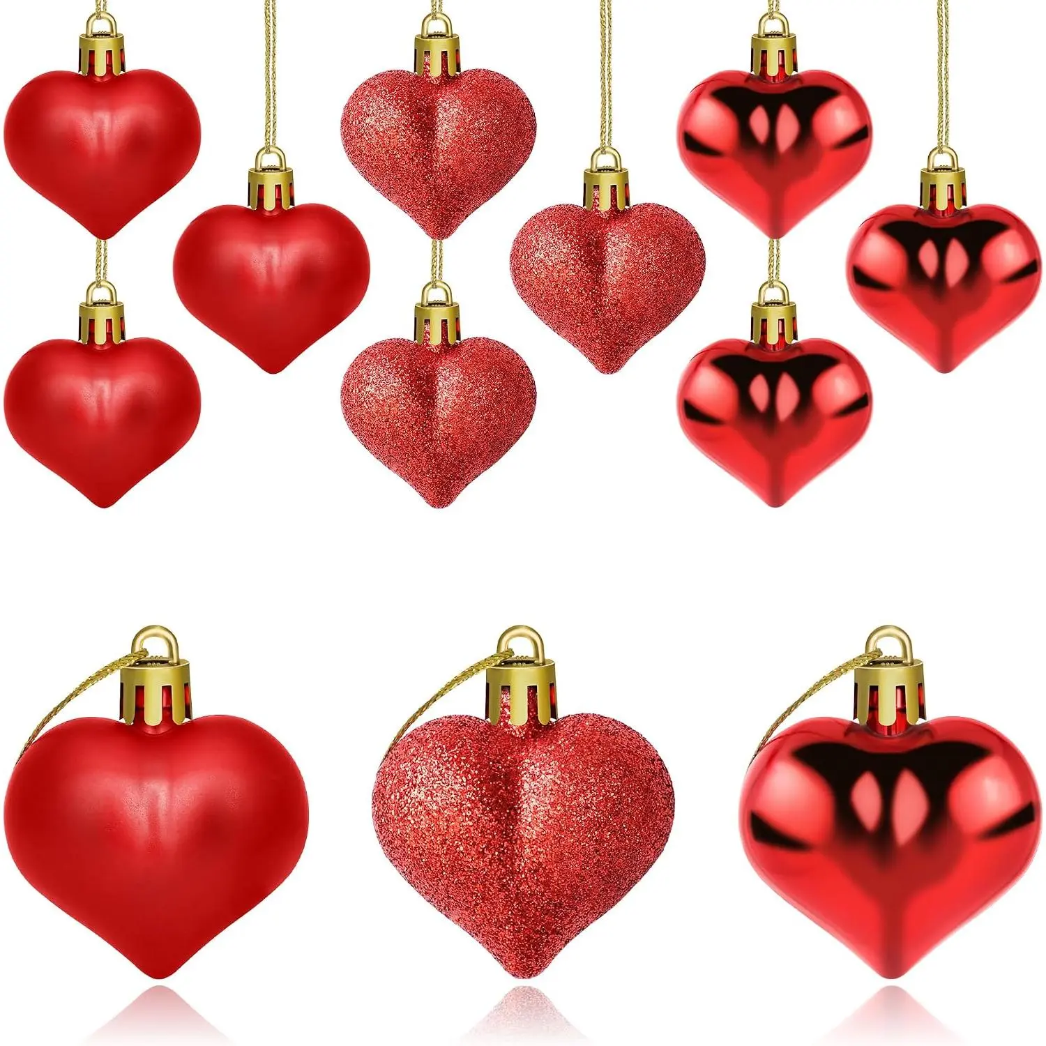 12 count  Ornaments | 3 Different Finishes Heart Shaped  Ornaments for Valentine’s Day Wedding Christmas Tree Mother's Day Decoration