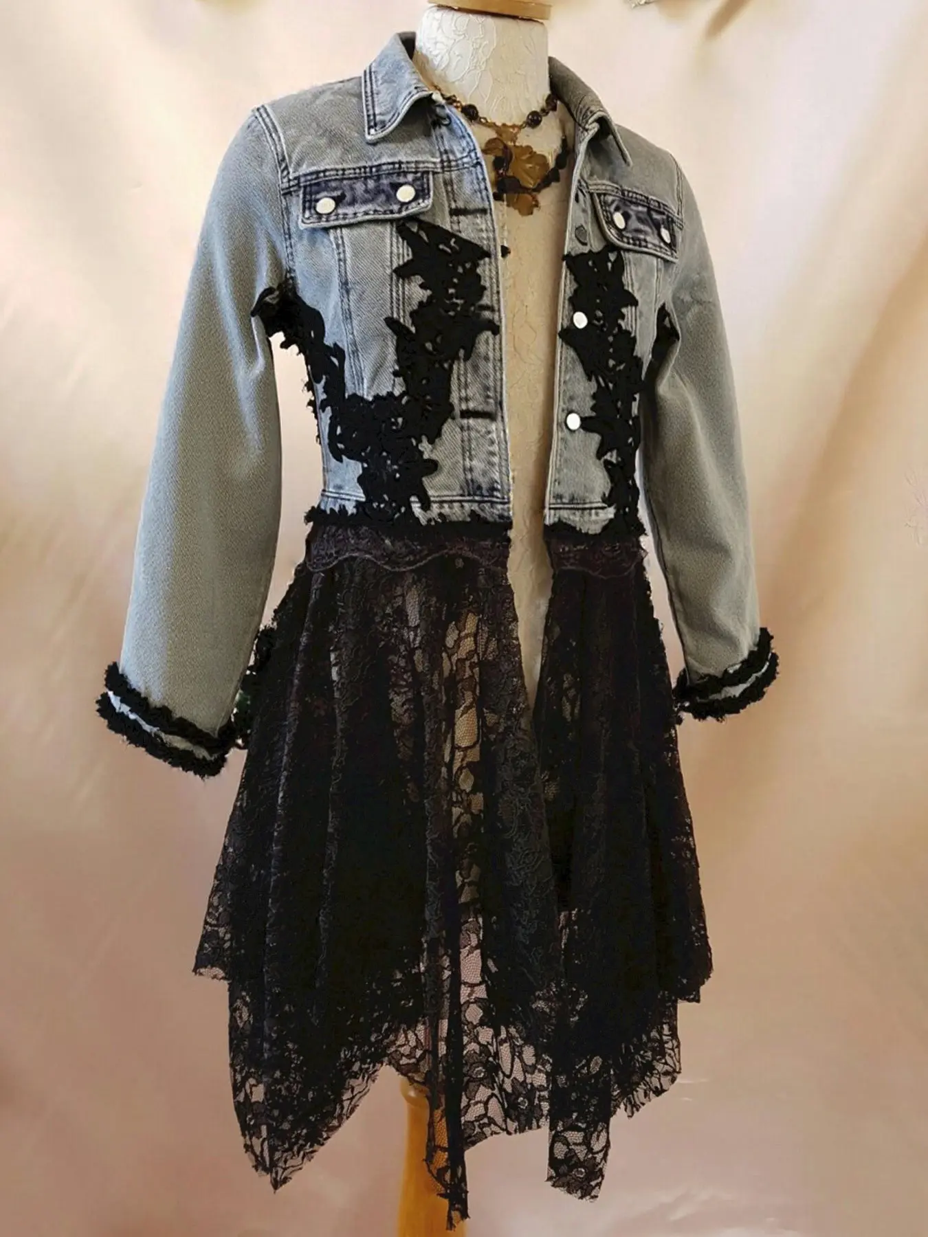 Vintage Washed Denim Lace Spliced Cardigan for Women, 3D Floral Applique Ruffle Cuff Asymmetric Lace Hem Long Coat