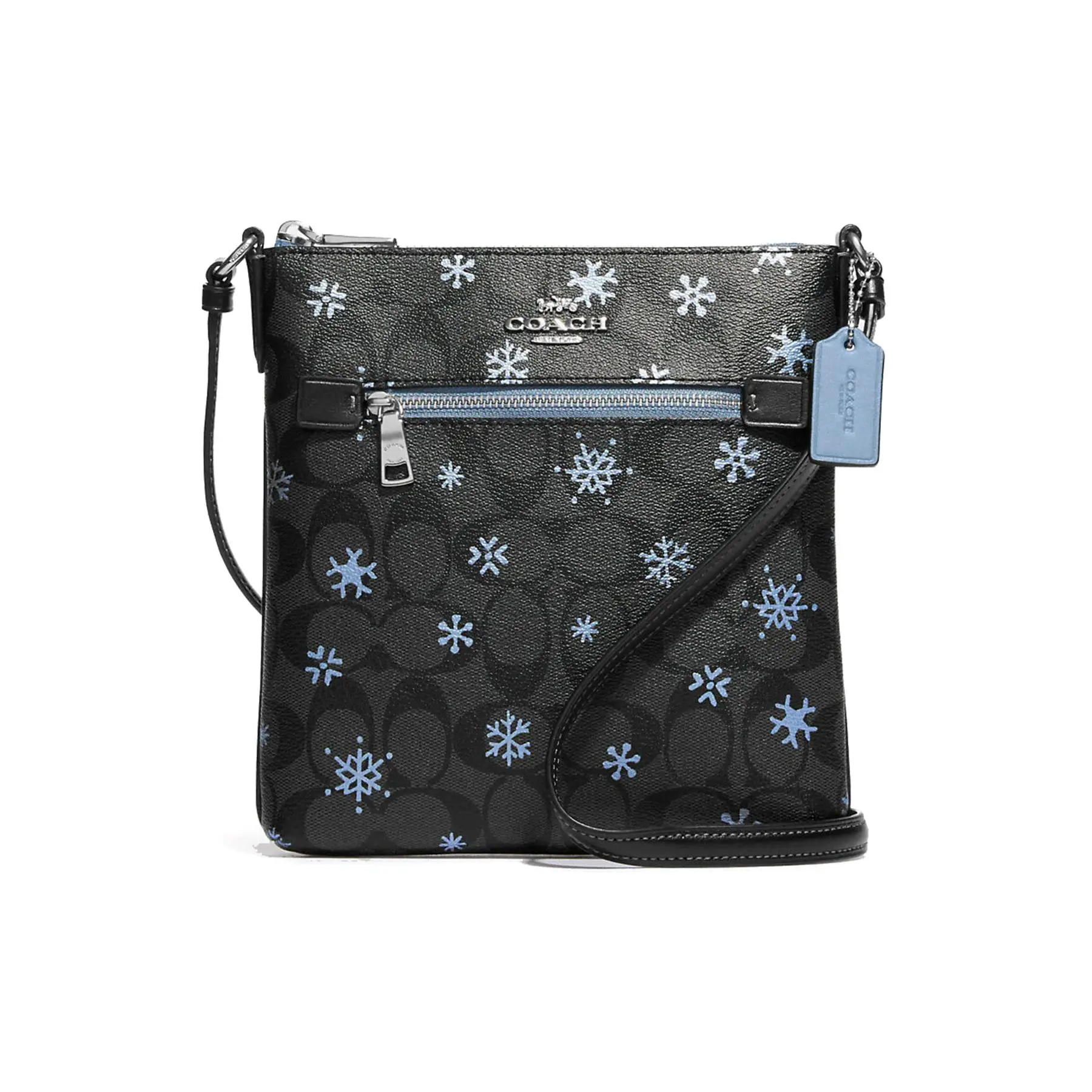COACH Rowan 21 Mini Crossbody Bag for Women – Classic Monogram Canvas and Smooth Leather with Snowflake Print, Black