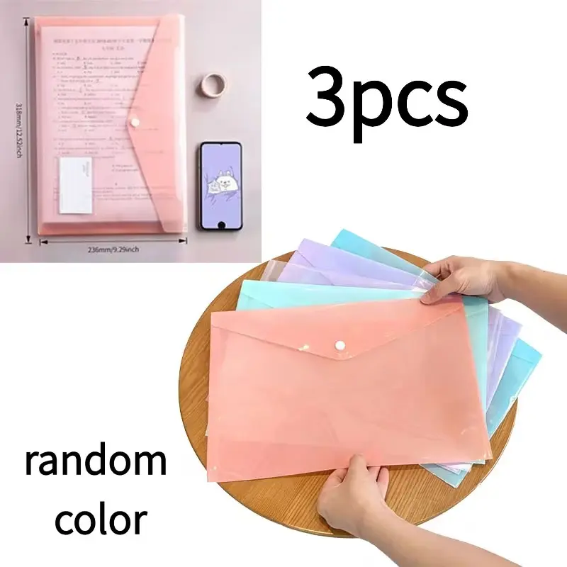 3-Pack A4 Transparent Document Folders, Clear Folders with Snap Closure, Document Organizers (Available in Pink, Blue), Suitable for Students, Office Workers, Home & School Use, Reusable Stationery Folders (Colors Sent at Random)