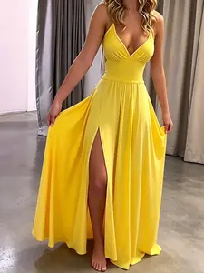 Women's Plain Fitted Criss Cross Backless Split Thigh Spaghetti Strap Cami Dress, Elegant Style Tie Back Ruched Sleeveless Long Dress for Party Holiday Wedding Guest, Ladies Summer Clothes Womenswear, Side Split Dress