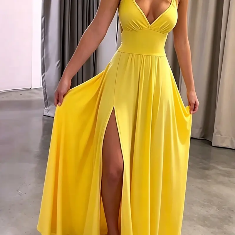 【Black Friday】Women's Plain Criss Cross Tie Back High Slit Maxi Dress, Backless Spaghetti-Strap Dress, Elegant Dress for Weddings, Parties and Holidays, Womenswear