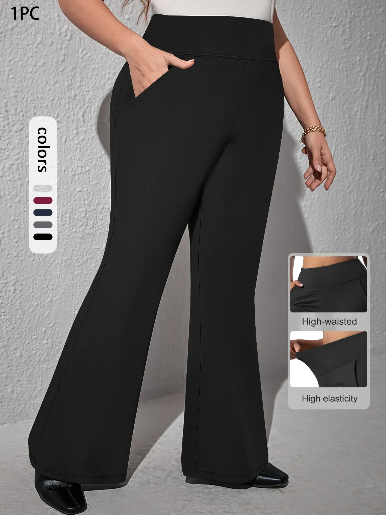 Plus Size Basic Solid-Color High-Waist Flare-Leg Pants, Casual Comfy Breathable Fabric Bell-Bottom Pants for Daily Wear, Women's Bottoms Womenswear for Fall & Winter, Casual Fashion Bottoms
