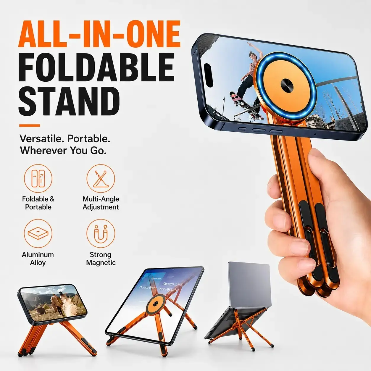Adjustable Laptop Stand Compatible with Magsafe, Portable Foldable Computer Riser for Macbook, iPhone, iPad, Tablet, Smartphone, Phone Holder Stand, Cellphone Mount, Lightweight Aluminum Alloy, Magnetic Design