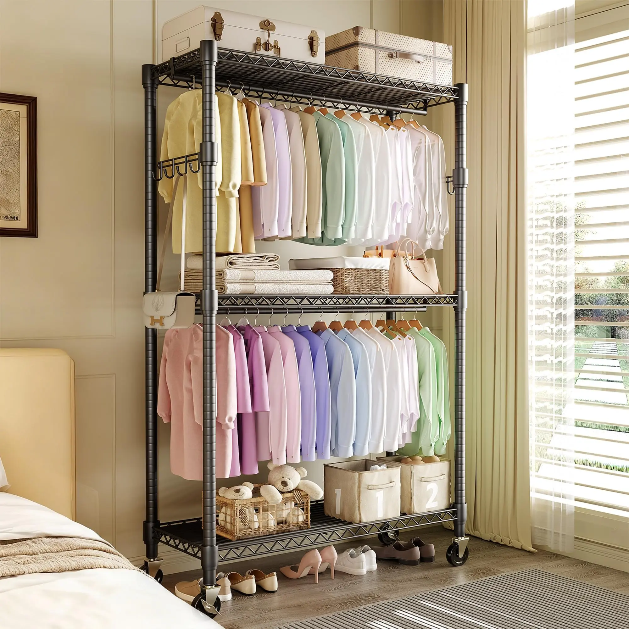GARVEE Heavy Duty 3-Tier Rolling Garment Rack – Adjustable Metal Shelves, Double Hanging Rods, Side Hooks, Wheels – Freestanding Closet Organizer for Bedroom, Laundry Room, Dorm, Holds Up to 730lbs, Silver