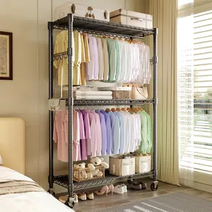 Heavy Duty 3-Tier Rolling Garment Rack – Adjustable Metal Shelves, Double Hanging Rods, Side Hooks, Wheels – Freestanding Closet Organizer for Bedroom, Laundry Room, Dorm, Holds Up to 730lbs, Silver