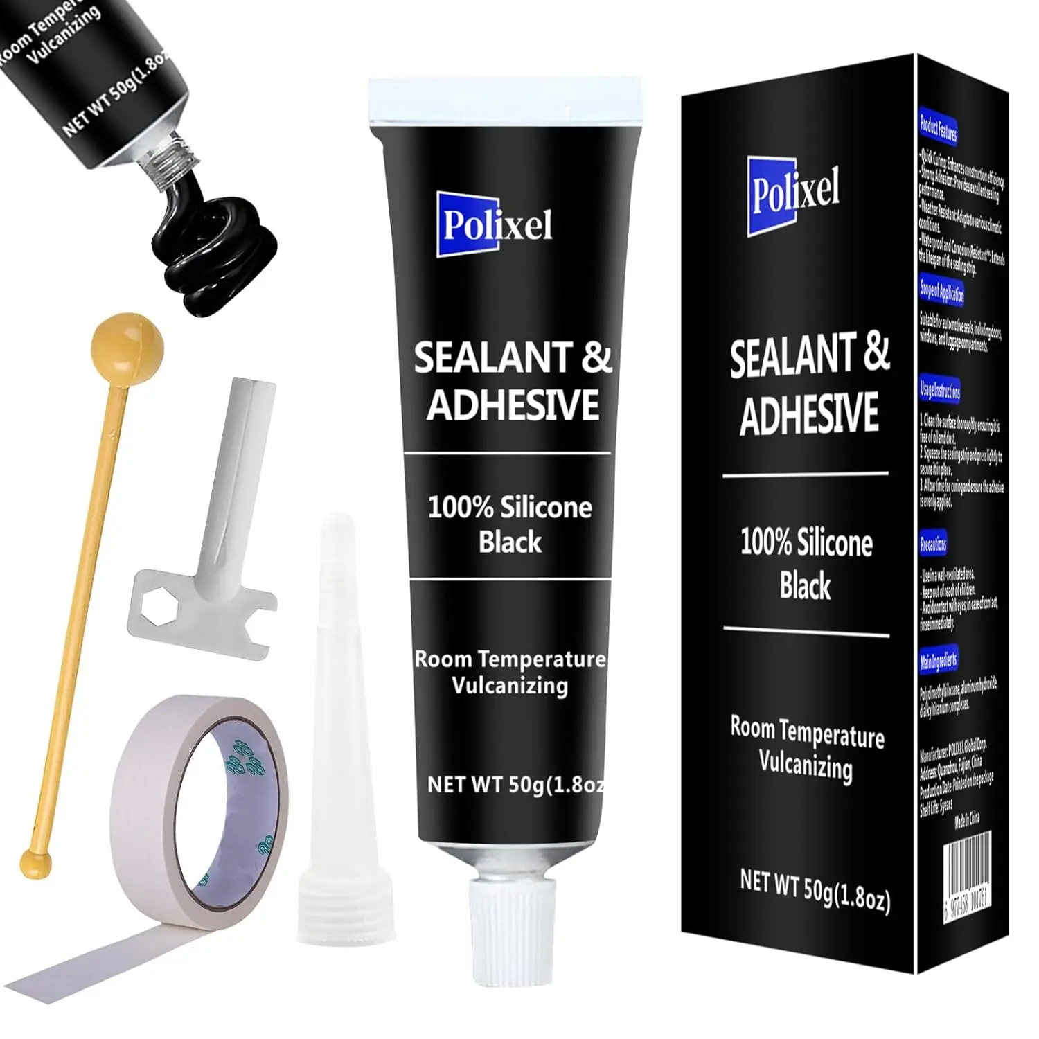Black RTV Silicone Sealant Adhesive Caulk, 100% Silicone, 1.8oz/50g, High Bond Strength, Shrink & Crack-Proof, Waterproof for Car, Window, Kitchen, Home Supplies Sealant & Adhesive