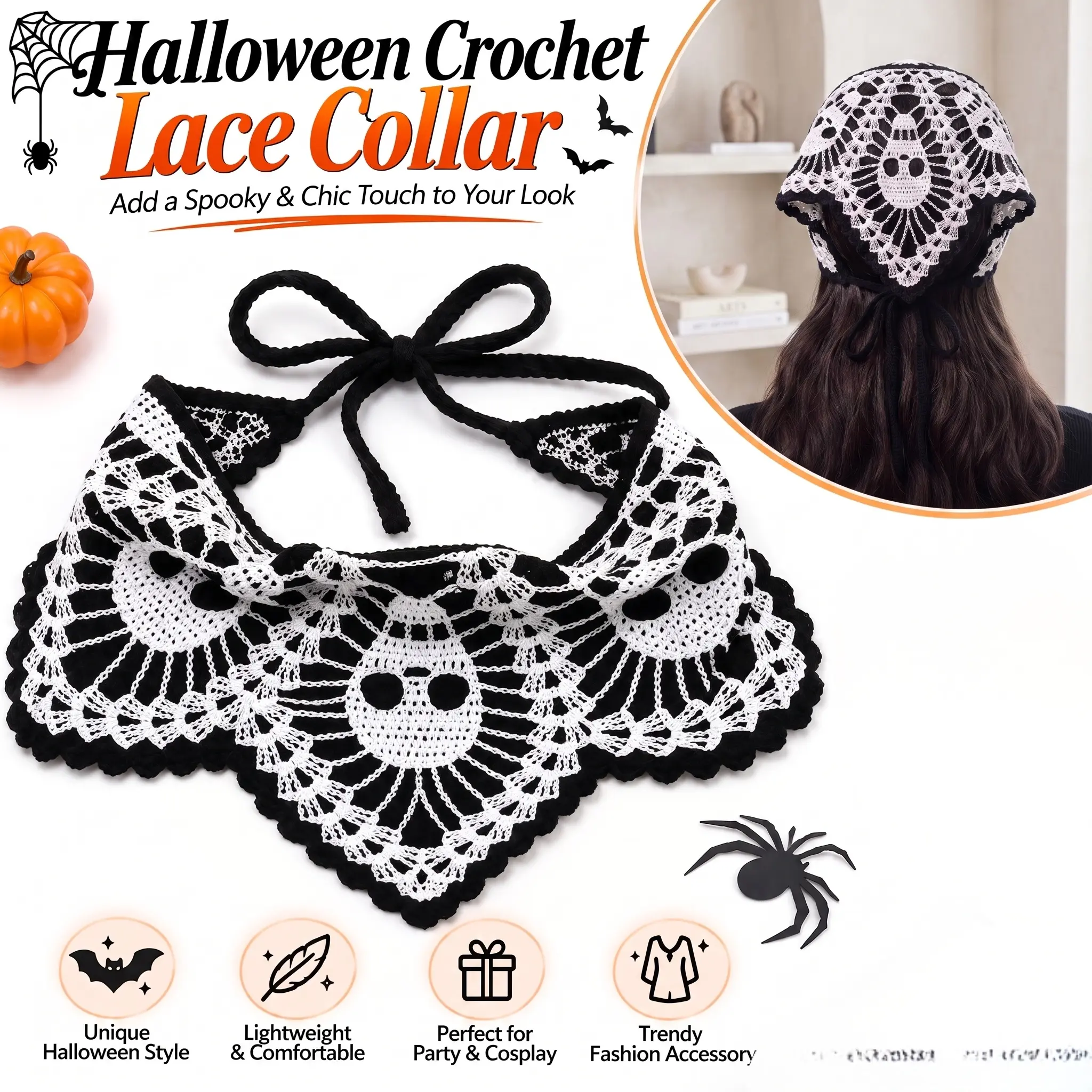 Halloween Themed Skull Embroidery Crochet Hair Band, Cute Scary Hair Band for Women & Girls, Fashion Hair Accessories for Party, Daily Clothing Decor, Holiday, Boho-YY0