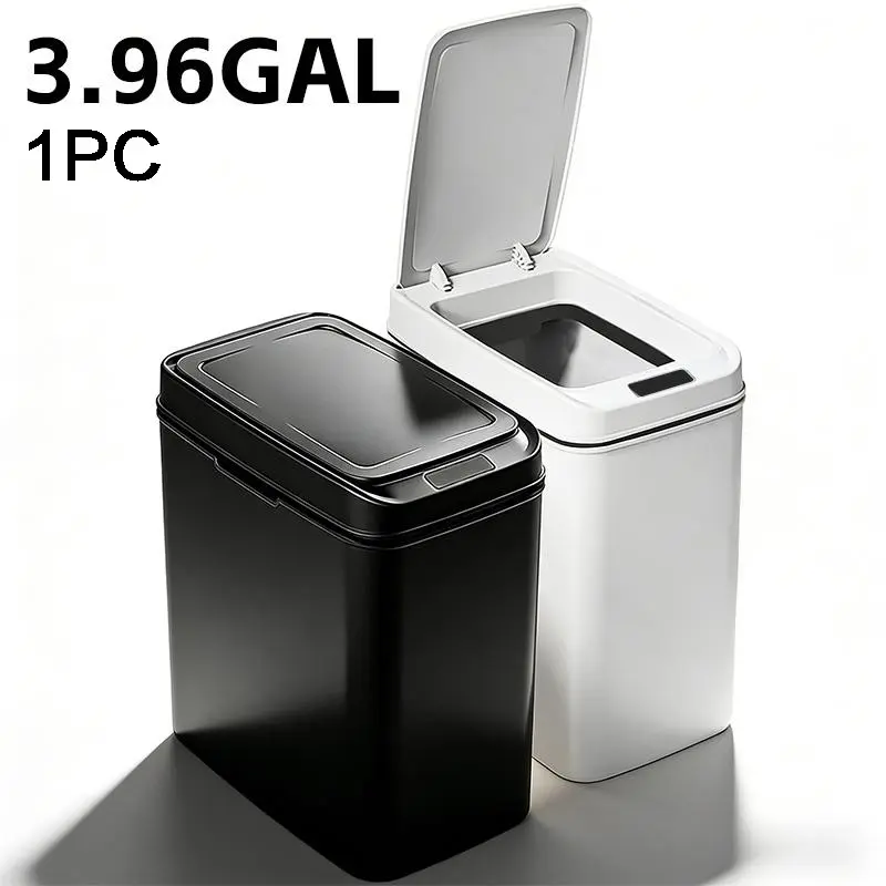 15L Automatic Sensor Flip-Top Smart Trash Can, Kitchen Trash Cans, featuring wave and knee-sensing activation, lightweight and space-saving design, powered by 2 AA batteries, suitable for office, bedroom, living room, kitchen