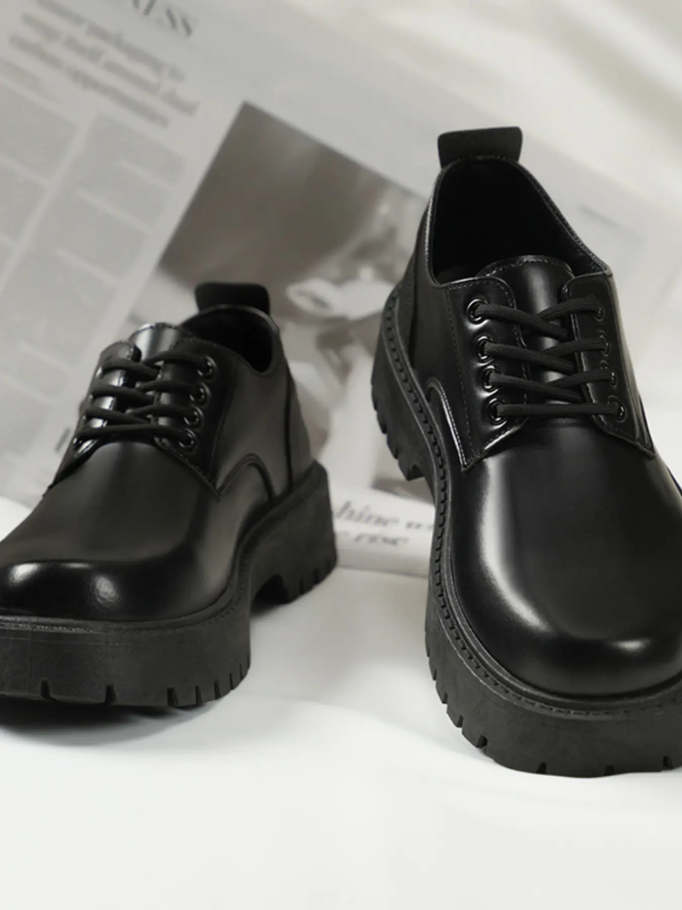 Men's Black Chunky Platform Derby Shoes, Lace Up Round Toe Leather Dress Shoes, Height Increasing Non Slip Casual Formal Office Shoes