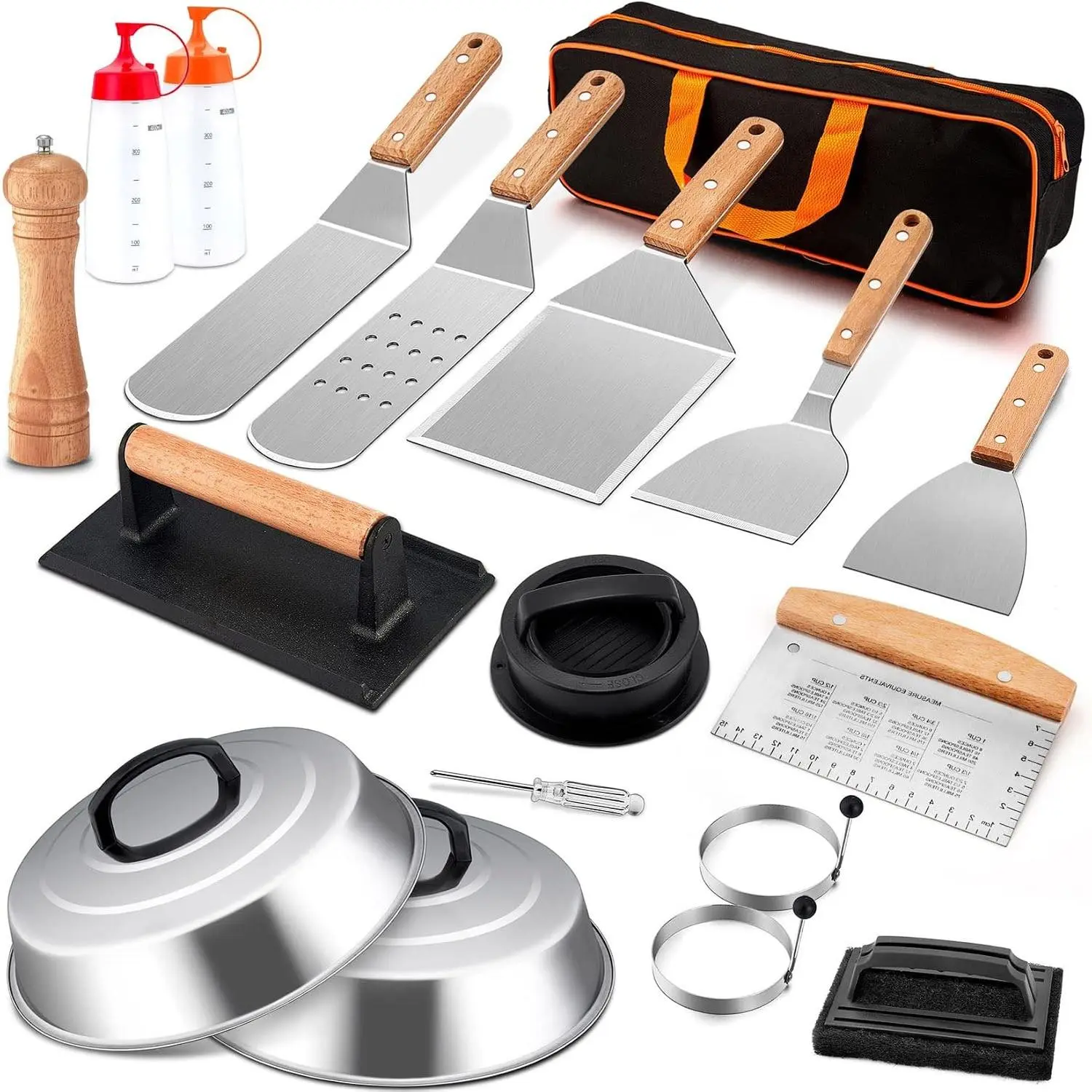 18-Piece Sturdy Blackstone Griddle Accessories Kit with Wooden Handle - Metal & Plastic Round Utensils Set Including Stainless Steel Spatula Turner, Basting Cover, Smash Burger Press for BBQ Cooking Gifts, Lid