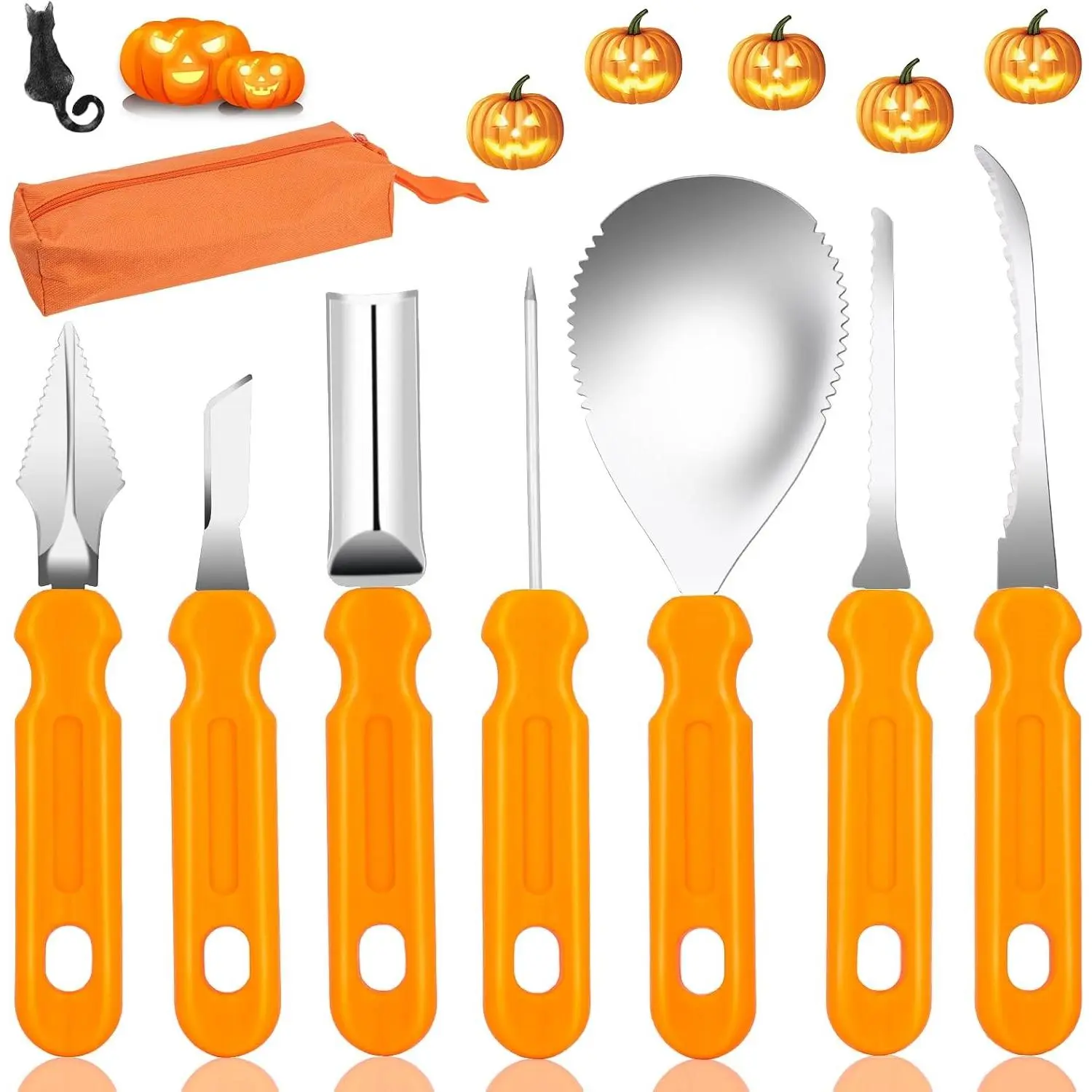 Halloween Pumpkin Carving Tools Kit, Professional and Heavy Duty Stainless Steel Pumpkin Cutter Knife Saw Scoop Tools Set for Kids or Adults, 7Pcs Carving Set for Halloween Decoration Jack-O-Lanterns