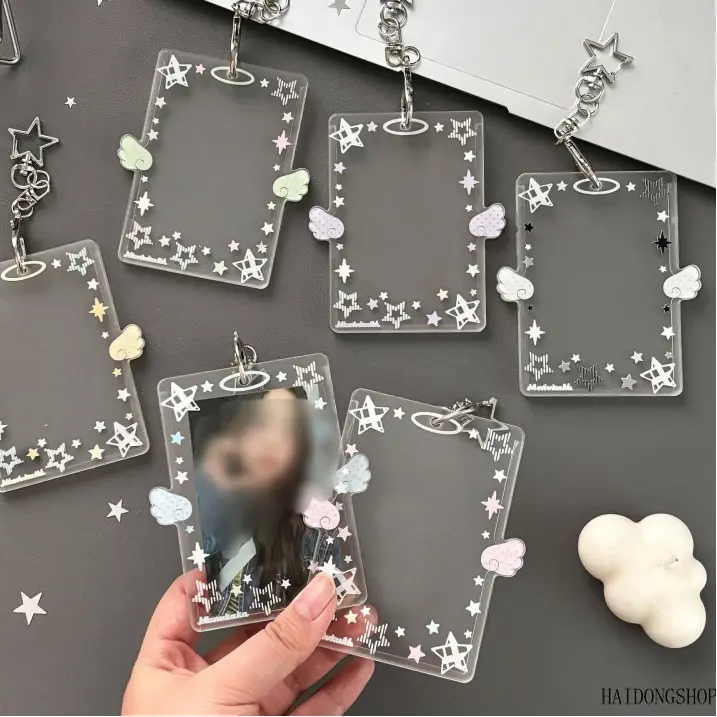 Coquette Kawaii Viral Kpop Stan Colorful Angel Wing Acrylic Photocard Holder For Fans, Rigid Hard ID Card Protector Sleeve, Y2K Cute Collectible Accessory For Concert School Daily Styling Movable Finger Steampunk Robot Charm emerald