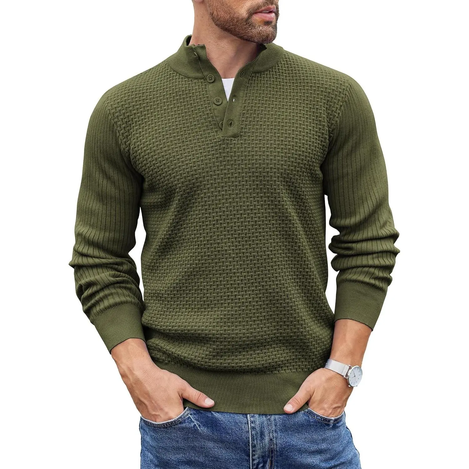 Men's 3-Button Quarter Mock Neck Waffle Knit Long Sleeve Henley Pullover, Slim Fit, Ribbed Cuffs, Casual-Fashion Birthday Outfit, Golf-Denim Pants Compatible Fall Winter Office Tops