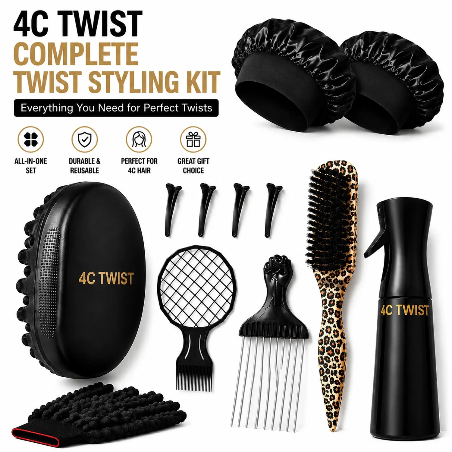 4C TWIST Complete Twist Hair Styling Kit – Professional Curl Sponge Set with Spray Bottle, Hair Pick, Twist Comb, Detangling Brush, Satin Bonnets & Hair Accessories for 4C Natural Hair, Coils, Twists & Locs