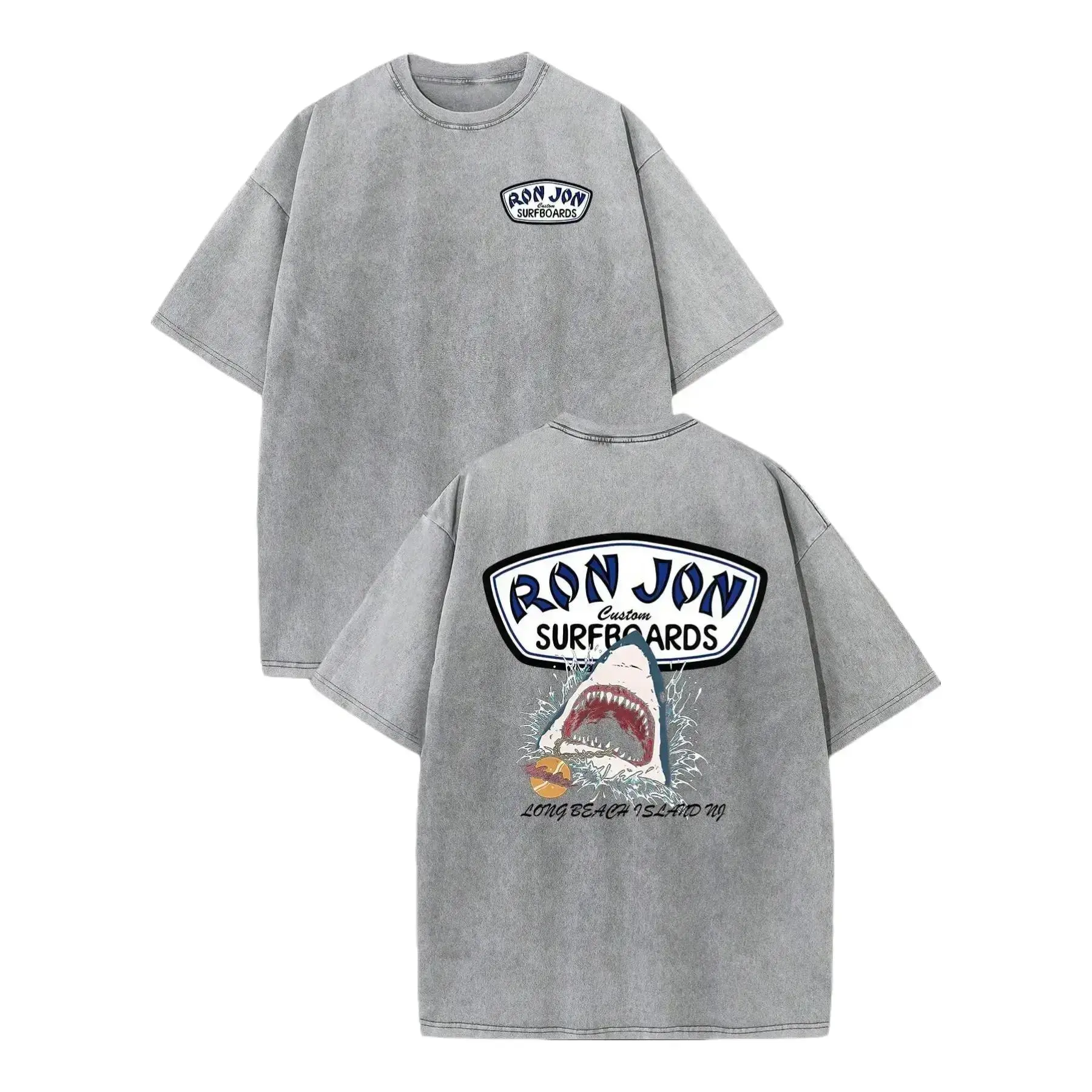 Unisex Ron Jon Surfboards Shark Graphic Washed Tee | 100% Premium Cotton Oversized Relaxed Fit Shirt | Y2K Casual Streetwear & Retro Beach Surf Aesthetic Top | Summer Vacation Gift Mens Clothing