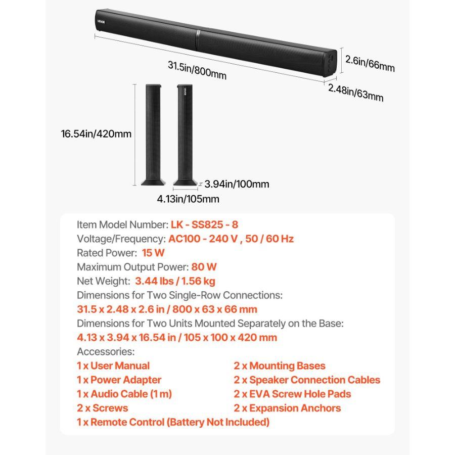 VEVOR Sound Bar for Smart TV, 2.0 Channel, 32-Inch 2 in 1 Detachable Soundbar TV Speakers, with Bluetooth HDMI AUX USB Connection, Remote Control, 80W Surround Sound System, for Home Theater Audio VEVOR Sound Bar for Smart TV, 2.0 Channel, 32-Inch 2 in 1 Detachable Soundbar TV Speakers, with Bluetooth HDMI AUX USB Connection, Remote Control, 80W Surround Sound System, for Home Theater Audio