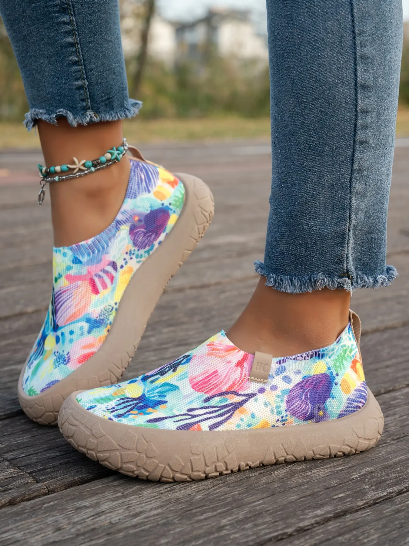 Colorful Watercolor Tropical Floral Print Slip-On Women's Sneakers, Breathable Knit Summer Walking Shoes, Soft Thick Anti-Slip Sole, No Tie Shoes