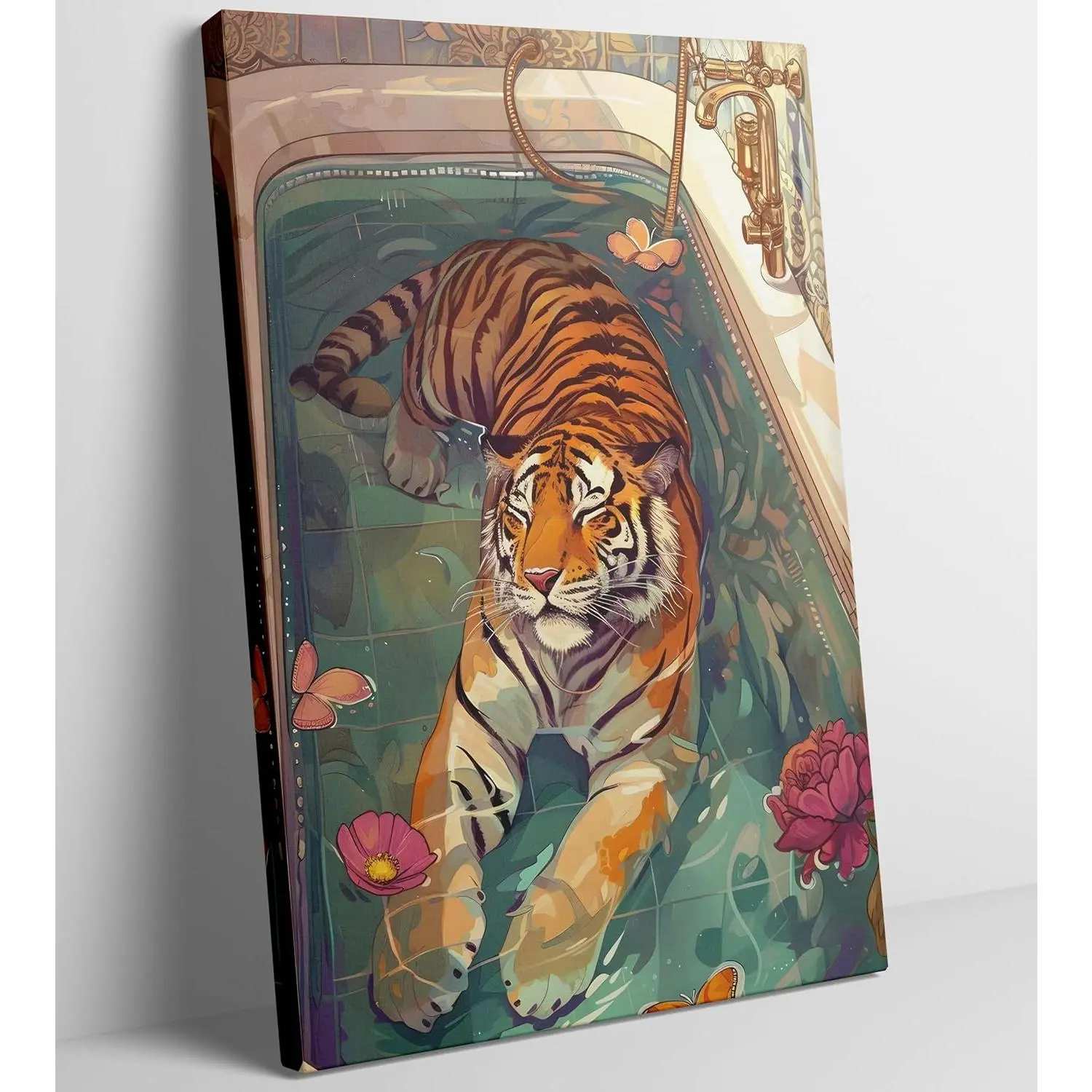 Funny Tiger in Bathtub Neon Hanging Canvas Wall Print - Tropical Sunset Aqua Decor, Maximalist Dopamine Aesthetic Bathroom Painting, Funny Decor Home Gift for Toilet Accent