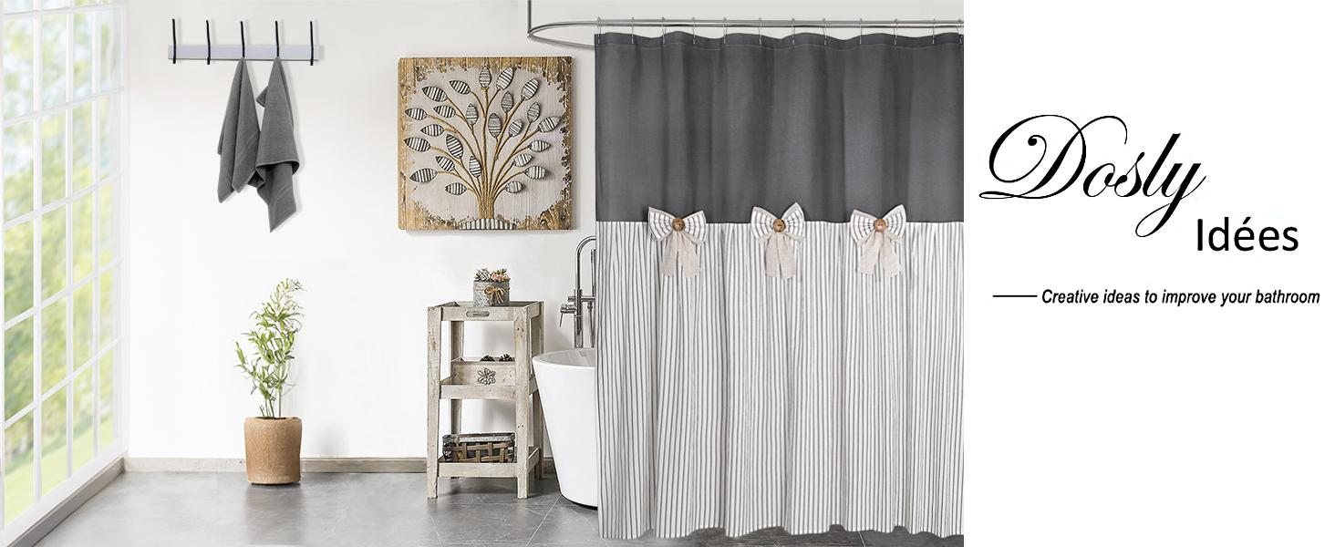 Farmhouse Grey Shower Curtain,Bowknot,Cotton Woven and Cotton Blend Fabric,Pleated Grey Stripe,Country Style,72x78 in