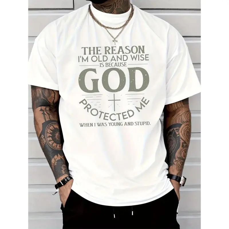 Men's Korean Style Preppy Tee, Cute "God Bless Me" Letter Print, Pure Cotton Round Neck Short-Sleeve for Summer Casual Wear, Men's T Shirts, Bold Graphic Design Men's Short-Sleeve T-Shirts