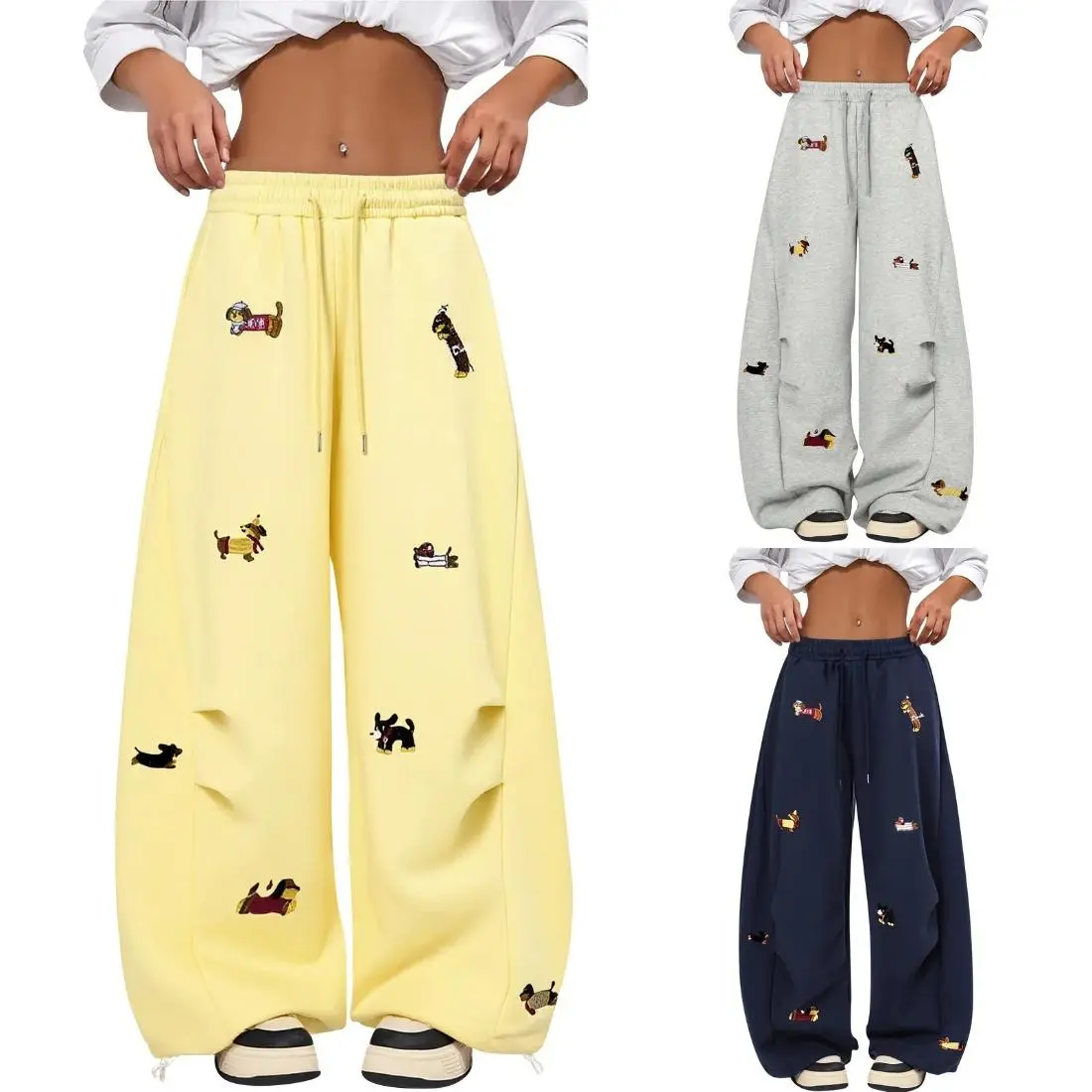 Women's Embroidered Dog Wide-Leg Sweatpants, High Waist Drawstring Baggy Barrel Pants, Vintage Athletic Wear, Casual Neutral Lounge Trousers, 2026 Y2K Soft Streetwear | Gift for Her & Holiday Loungewear