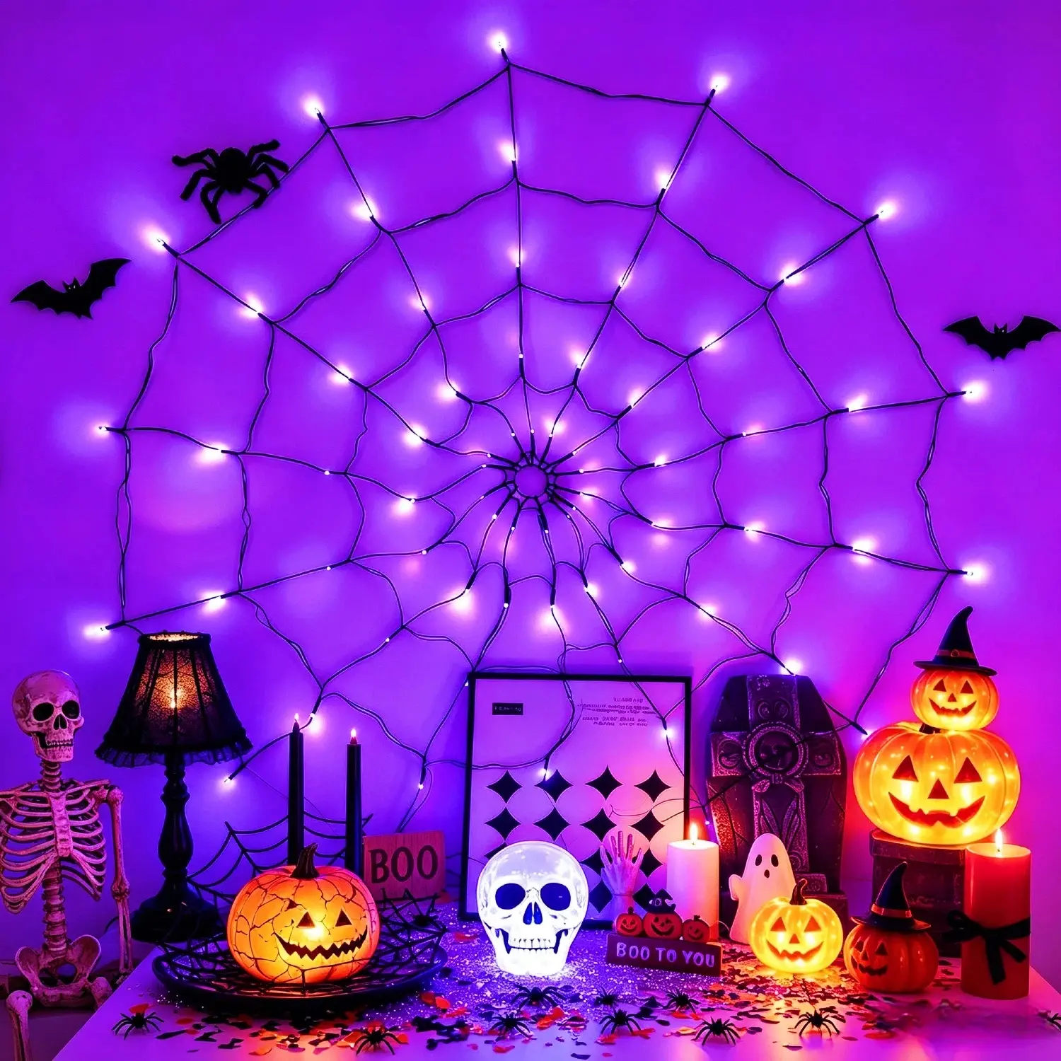 70 LED Halloween Light Up Spider Web Twinkly String Lights, Orange & Purple USB Powered Cobweb Lamp with 8 Lighting Modes, Hanging Horror Decor for Haunted House Bar Yard Indoor Outdoor Party Ornament, Decorative Lights