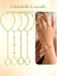 4 Pcs Dainty Gold-Plated Hand Chain Bracelets Set for Women, Stackable Mix & Match Design with Cubic Zirconia & Beaded Styles, Versatile Jewelry Gift for Daily Wear
