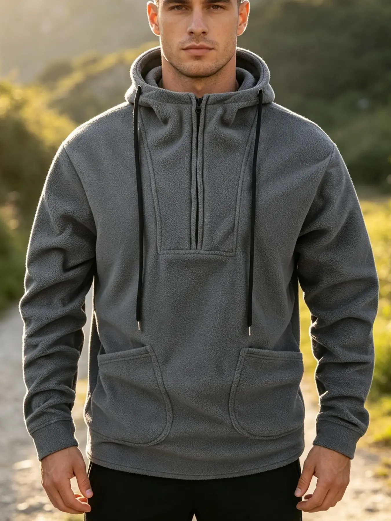 Men's multi-pocket half-zip hooded sweater, featuring a simple and fashionable design, suitable for outdoor sports and more