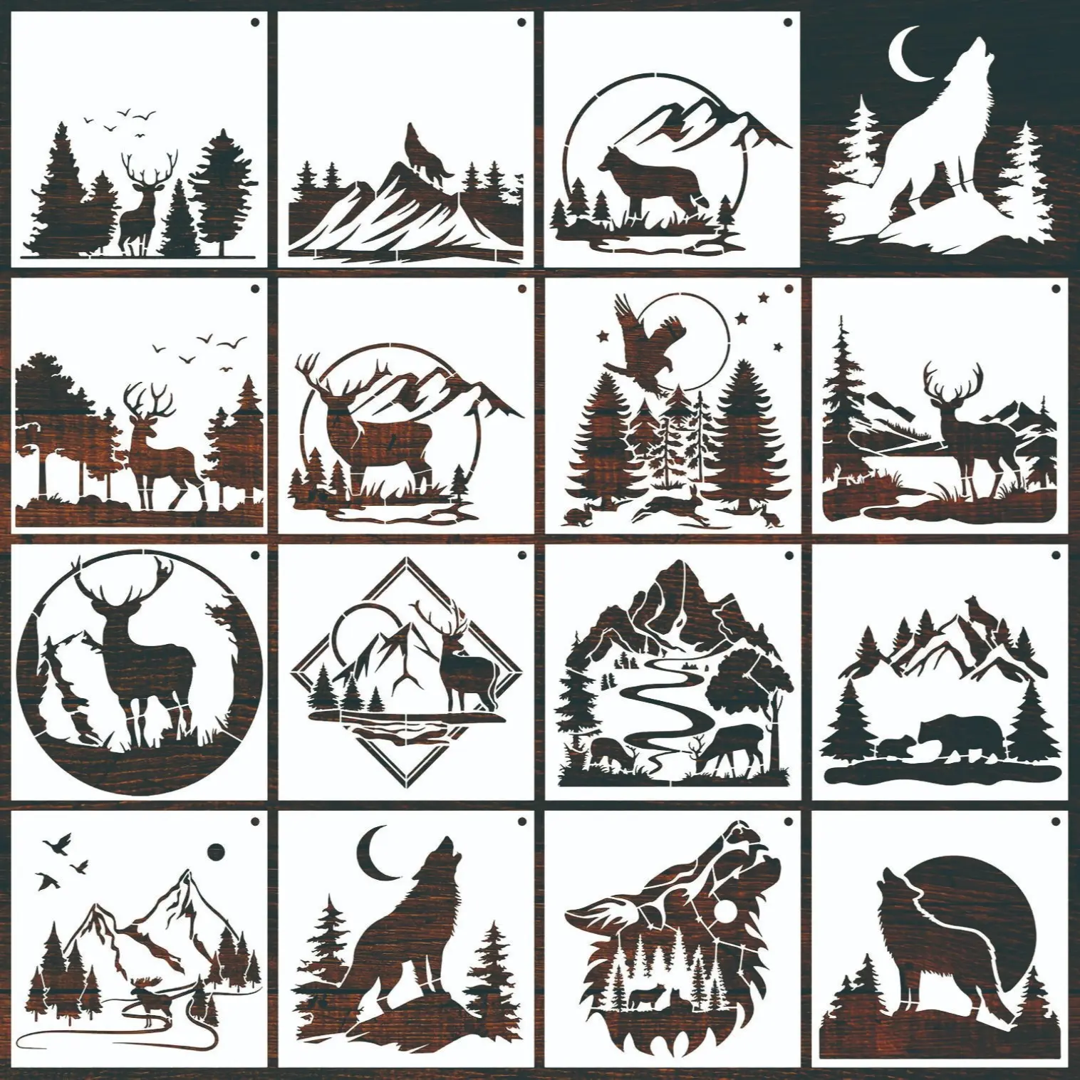 15 Piece Forest Wildlife Templates, Reusable DIY Craft Stencils, DIY Painting Tool for Wood Painting, Mountain Scene Stencils for Wall Art, Canvas Bags