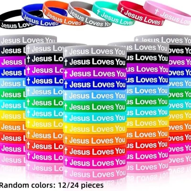 12/24pcs Jesus Loves You Silicone Bracelets, Colorful Rubber Wristbands, Durable Waterproof Faith Bands, Unisex for Men Women