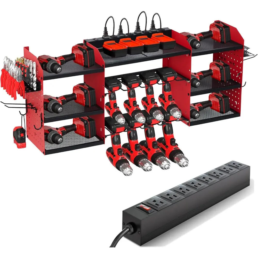 Power Tool Organizer Wall Mount, Large Tools and Battery Storage Rack Charging Station, Heavy Duty 3-Layer Garage Rack with 8 Outlets, 8 Drill Storage Shelf with Hooks