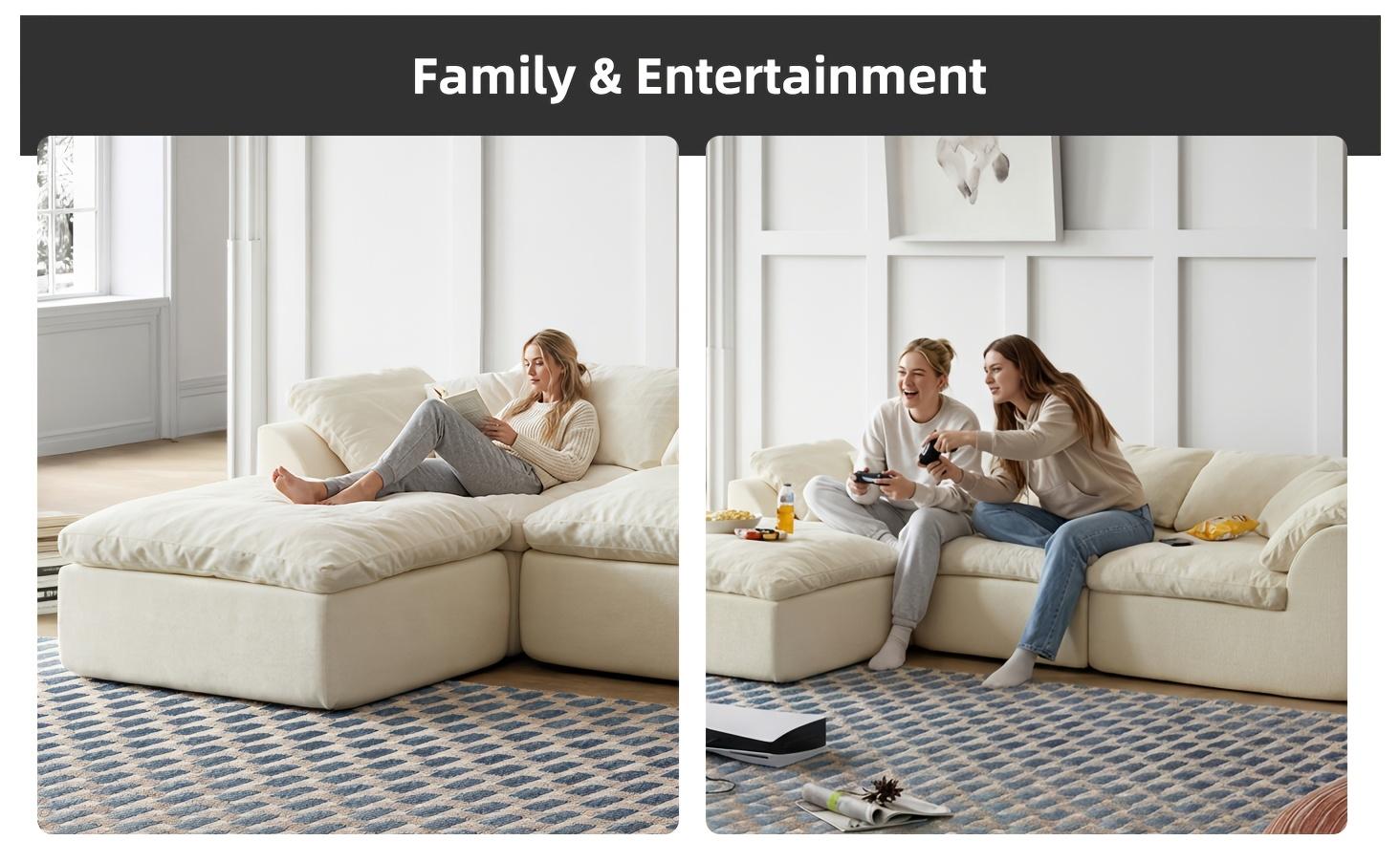 Classic Modular L-Shaped Cloud Couch - Skin-Friendly Chenille Fabric, No-Frame Foam Compression Design, Freely Combinable Supportive Armrests, Ottoman Included, Sofa-Bed Switch Function, Fully Assembled for Living Room Sofas & Apartment Furniture