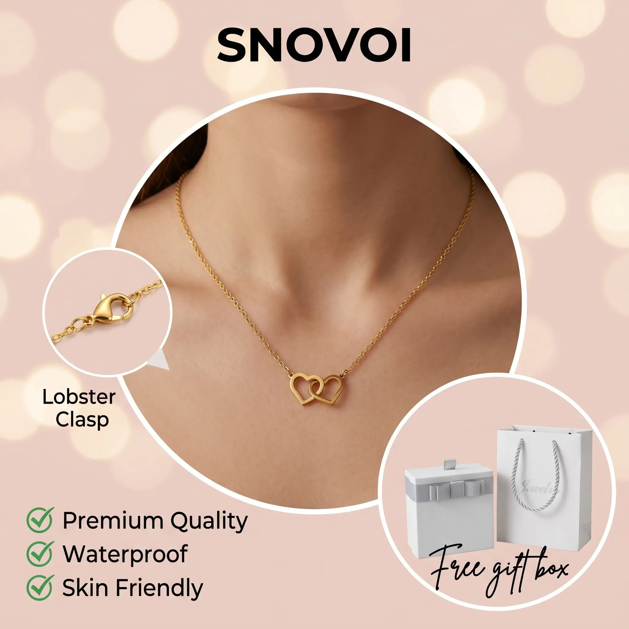 Gold Interlocking Double Heart Pendant Dainty Chain Necklace, Minimal Romantic Luxury Style, Tarnish Resistant Stainless Steel & Adjustable Extension Chain, Gift Jewelry for Birthday Gift Sets, Bridesmaid Party Favors & BFF Bridal Shower Gifts