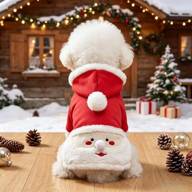 Christmas Dog Hooded Coat Pet Clothes, Santa Claus Costume with Fuzzy Faux Fur Trim and Cute Santa Face Back Cat Apparel Outfit, Warm Fleece Jacket Pullover, Winter Xmas Holiday New Year Party Cosplay Costume For Small Medium Large Dogs Cats Puppy