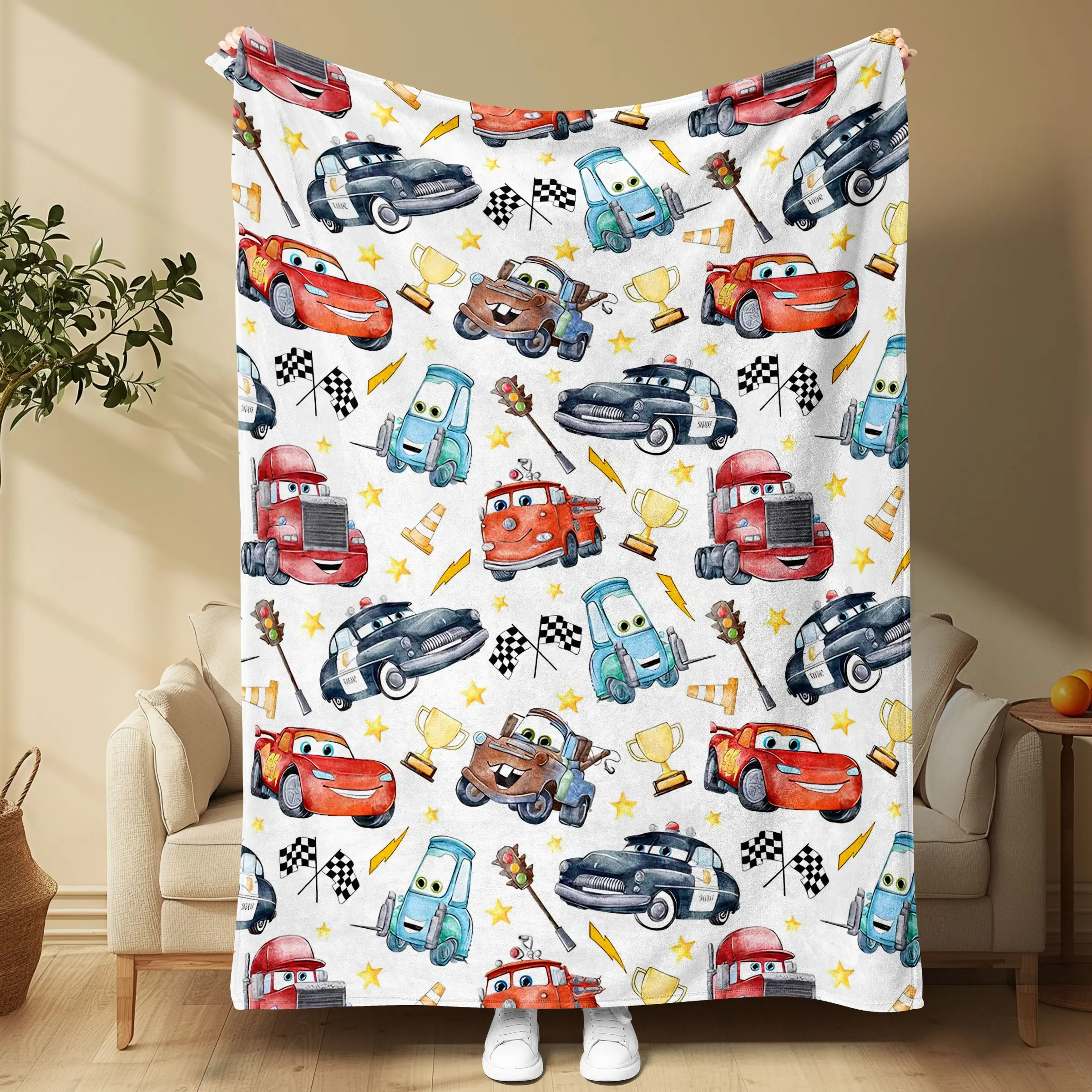 Watercolor Cartoon Blanket, Mcqueen and Lightning Mcqueen Print, Trophy and Checkered Flag Design, Soft Kids Bedding, Birthday Gift