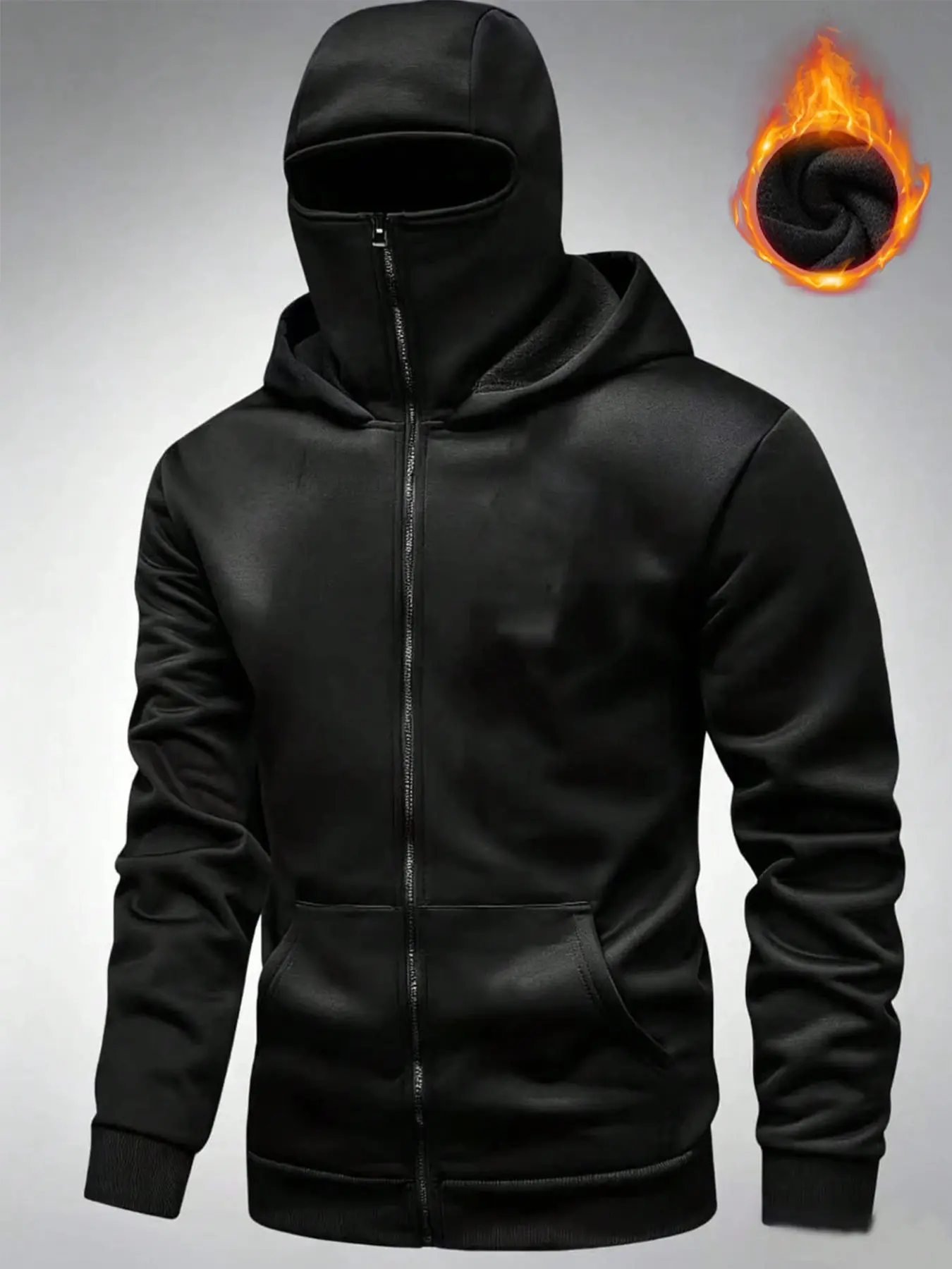 Men's Balaclava Full-Zip Hoodie, Fleece-Lined Ninja Face Cover Casual Jacket, Integrated Full Face Mask Anti-Social Introvert Hooded Sweatshirt, Multi-Wear Design Perfect for Cycling, Skiing, Hiking, Campus, Street Style, Gym Workout & Daily Commute
